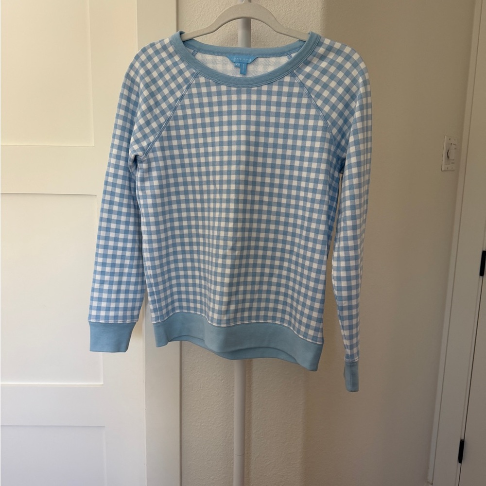 Draper James Light Blue and White Gingham Crewneck Sweater